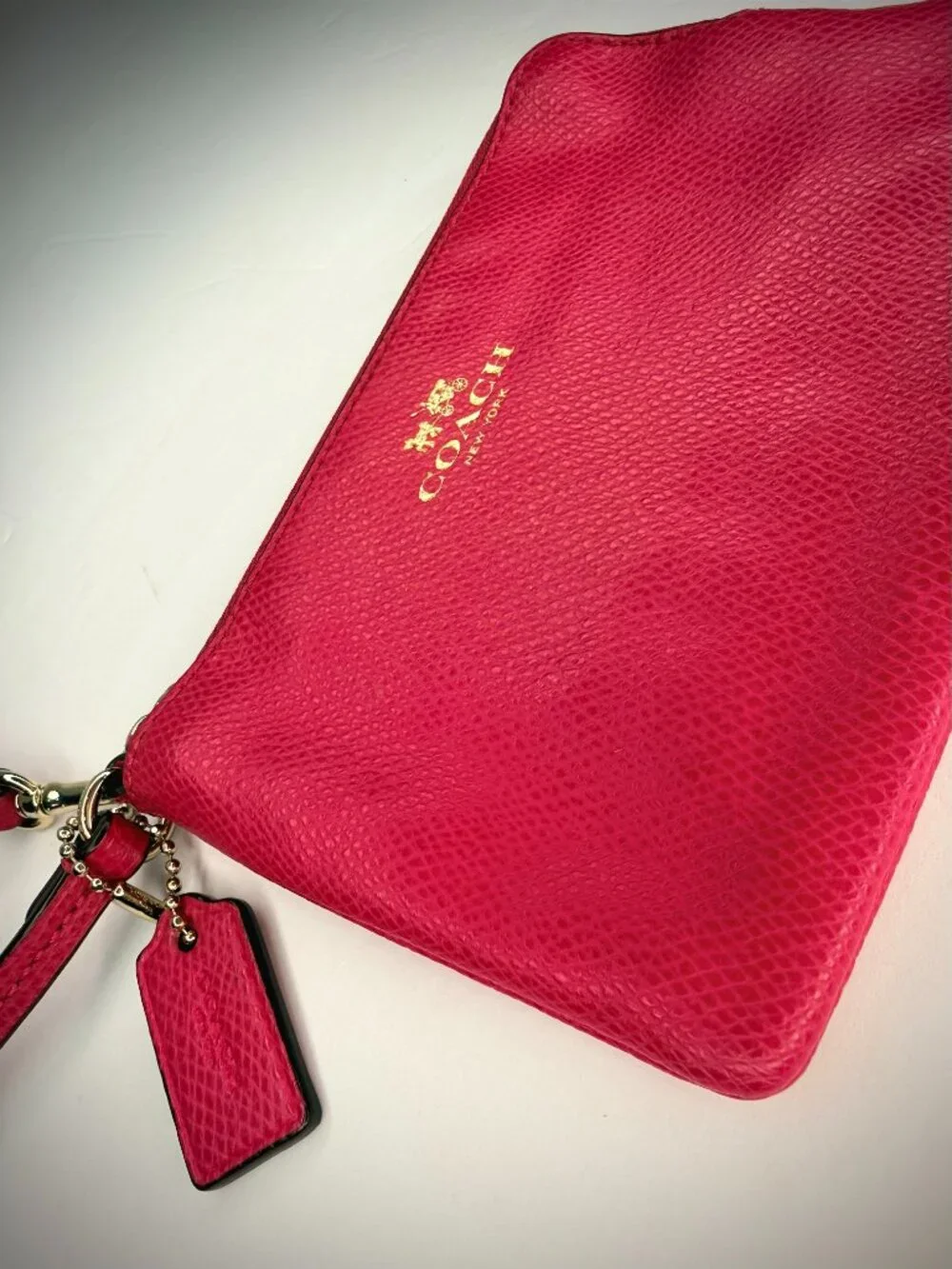Coach Hot Pink Saffiano Leather Wristlet Wallet - Zip Pouch Clutch | HOT PINK